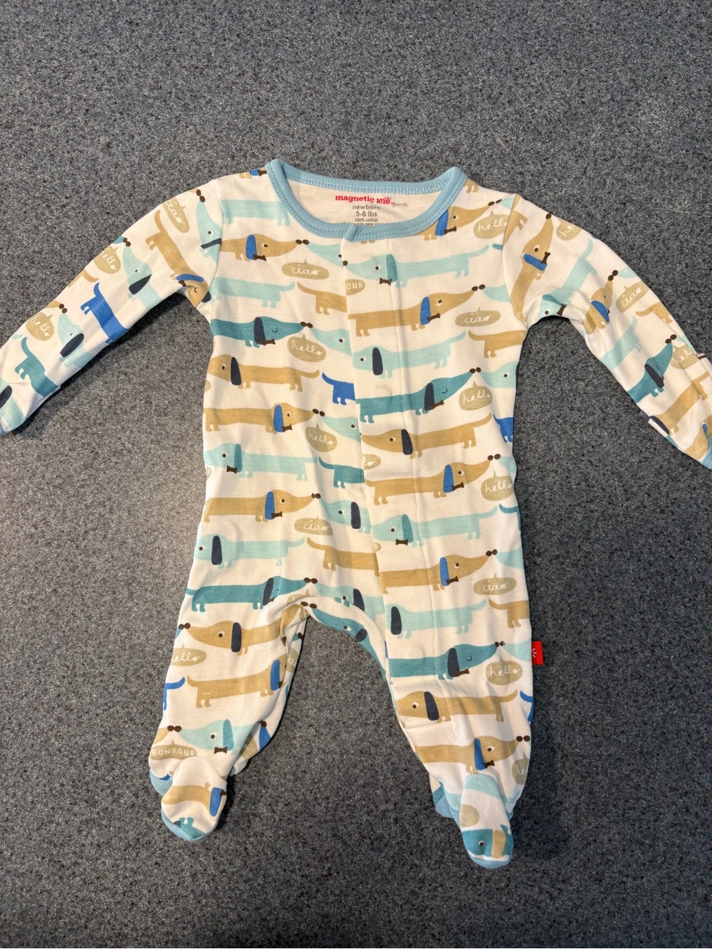 Magnetic Me Striped Dachshund Footed One-Piece - Blue, Tan & Cream